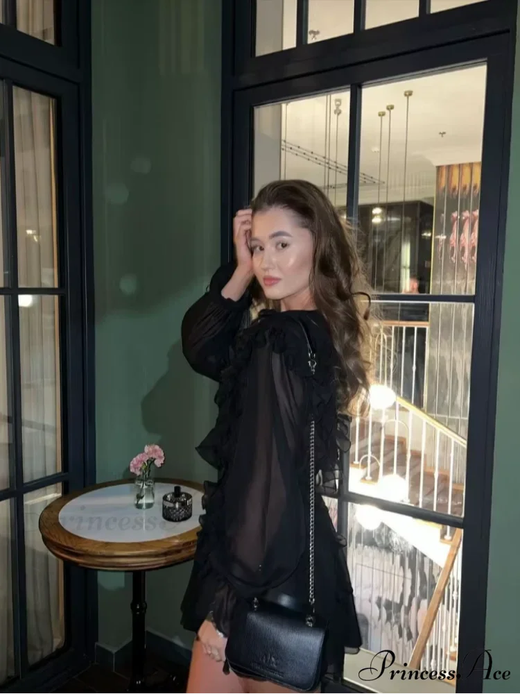 Transparent Lace Mesh Plunging Neckline Top blouse-250223