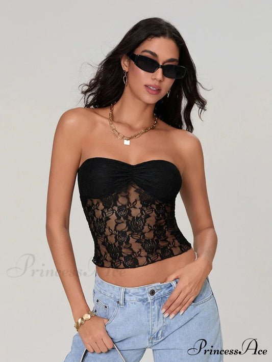 Transparent Lace Off-the-shoulder Sleeveless Deep V Bandeau Top croptop-250126