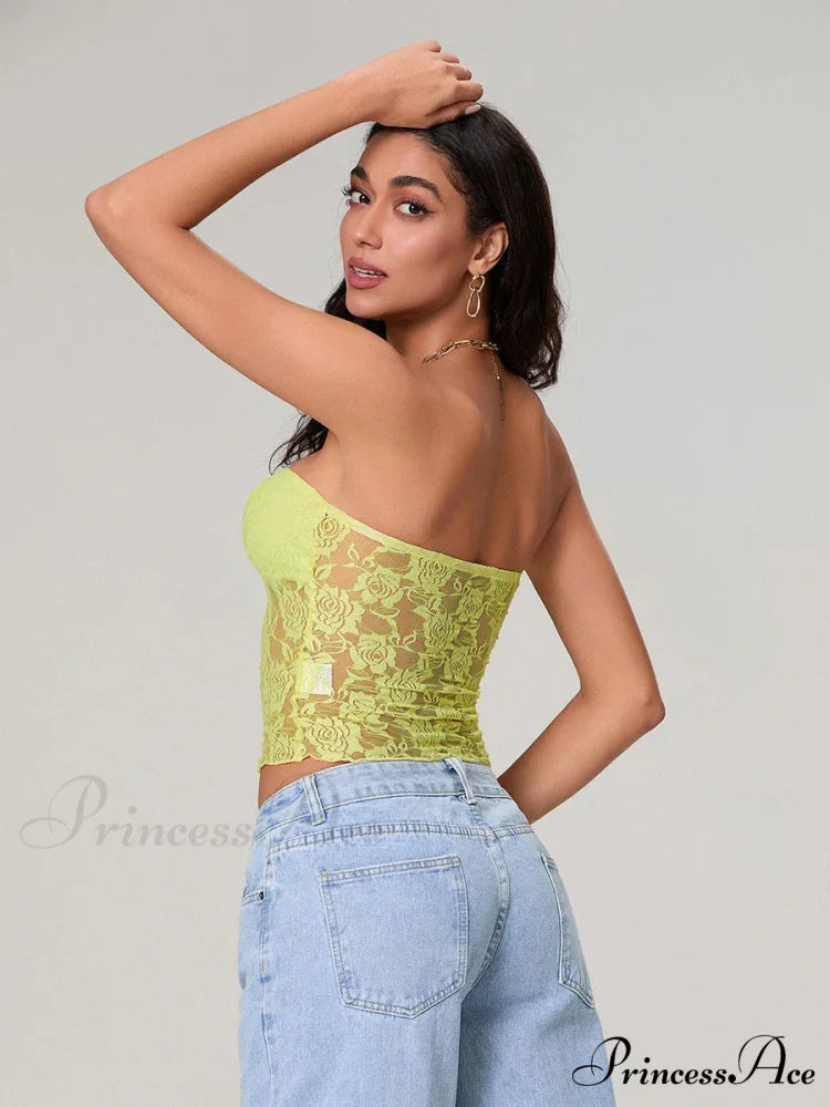 Transparent Lace Off-the-shoulder Sleeveless Deep V Bandeau Top croptop-250126