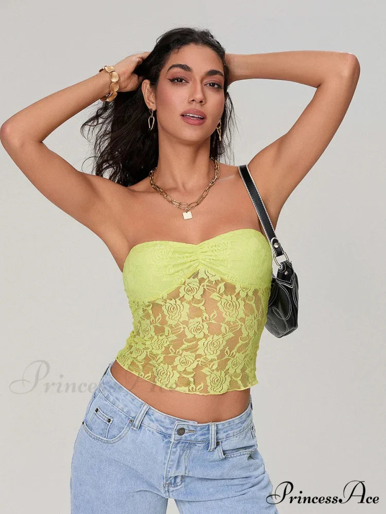 Transparent Lace Off-the-shoulder Sleeveless Deep V Bandeau Top croptop-250126