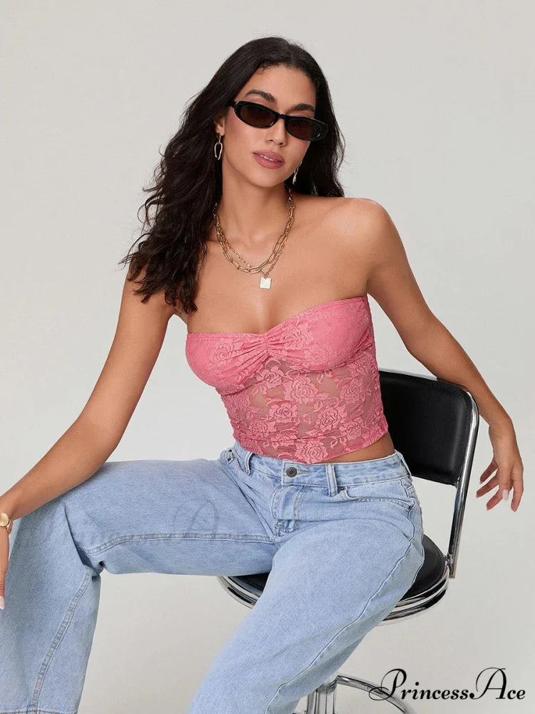 Transparent Lace Off-the-shoulder Sleeveless Deep V Bandeau Top croptop-250126