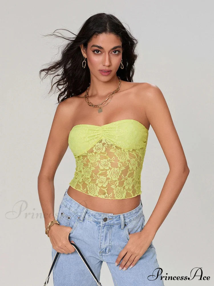 Transparent Lace Off-the-shoulder Sleeveless Deep V Bandeau Top Green / S croptop-250126