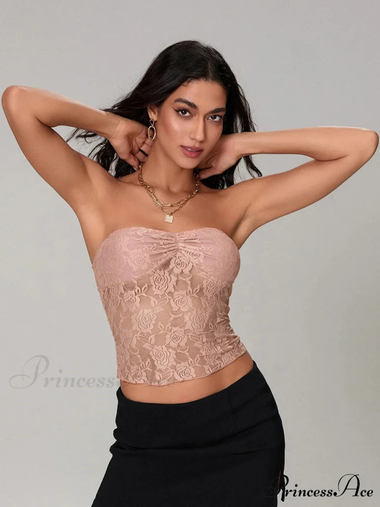Transparent Lace Off-the-shoulder Sleeveless Deep V Bandeau Top Orange / S croptop-250126