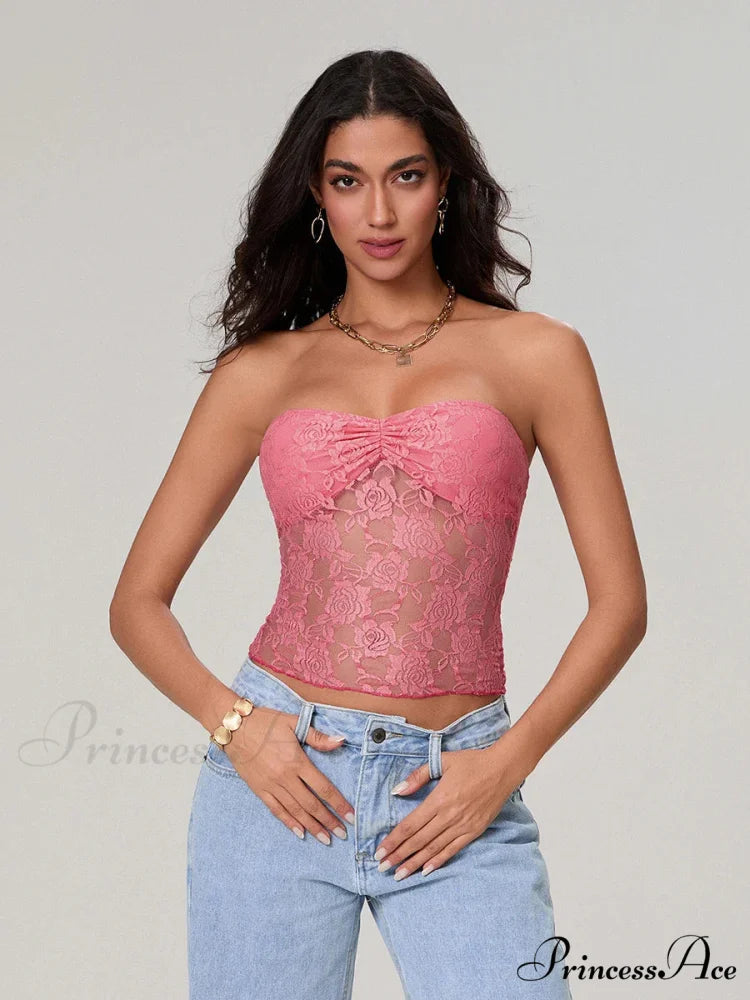 Transparent Lace Off-the-shoulder Sleeveless Deep V Bandeau Top Pink / S croptop-250126