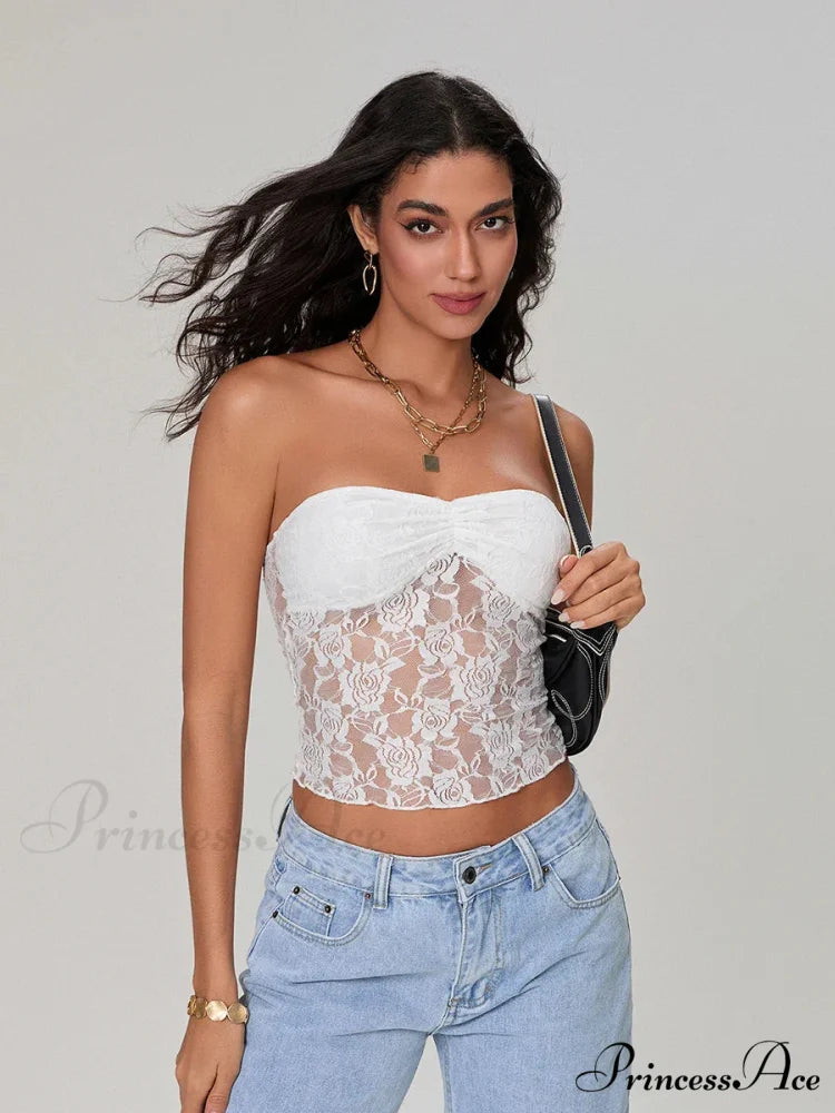 Transparent Lace Off-the-shoulder Sleeveless Deep V Bandeau Top WHITE / S croptop-250126