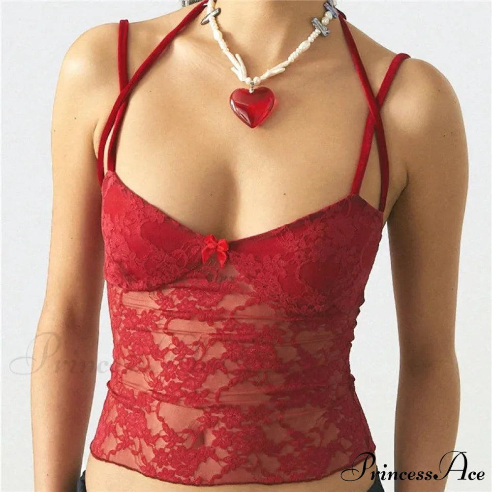 Transparent Lace Patch Crop Top Red / S croptop-250223