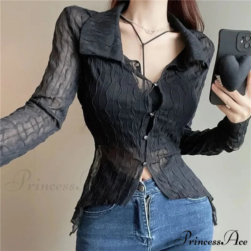 Transparent Long Sleeve Fold-down Collar Shirt Black / big one size blouse-250126