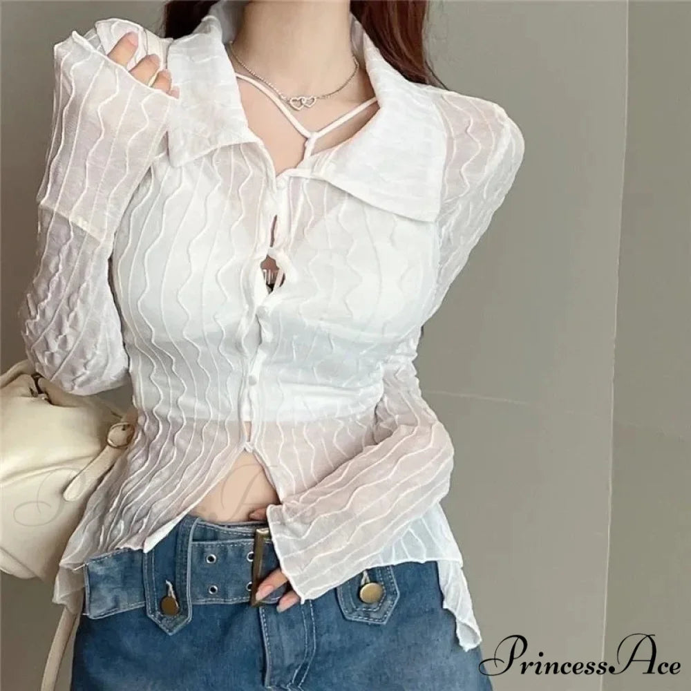 Transparent Long Sleeve Fold-down Collar Shirt blouse-250126