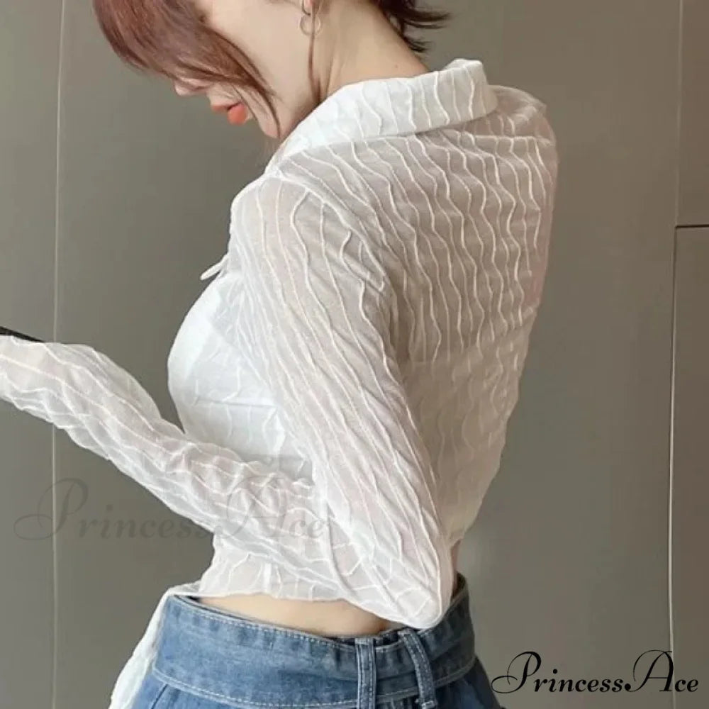 Transparent Long Sleeve Fold-down Collar Shirt blouse-250126