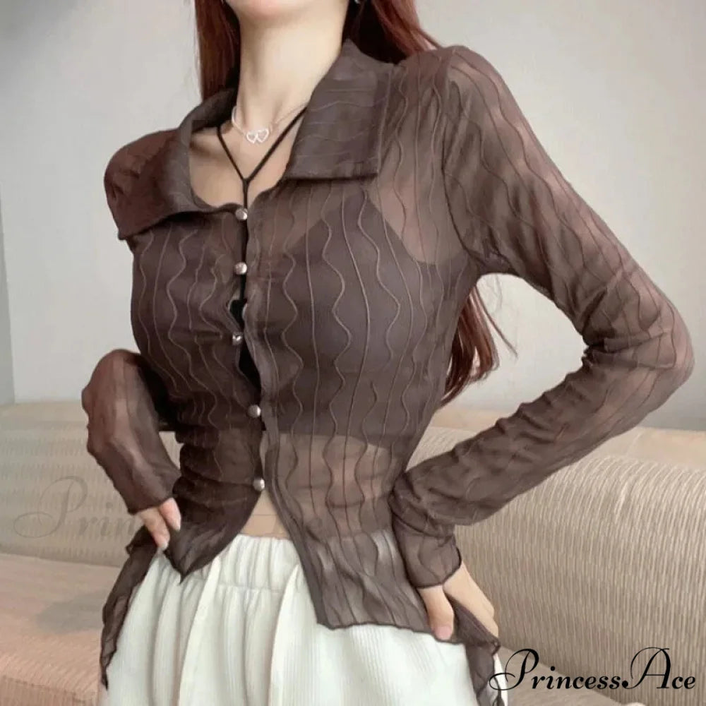 Transparent Long Sleeve Fold-down Collar Shirt Coffee / big one size blouse-250126