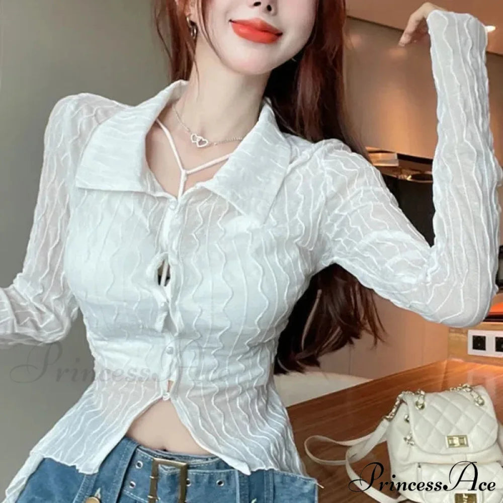 Transparent Long Sleeve Fold-down Collar Shirt WHITE / big one size blouse-250126