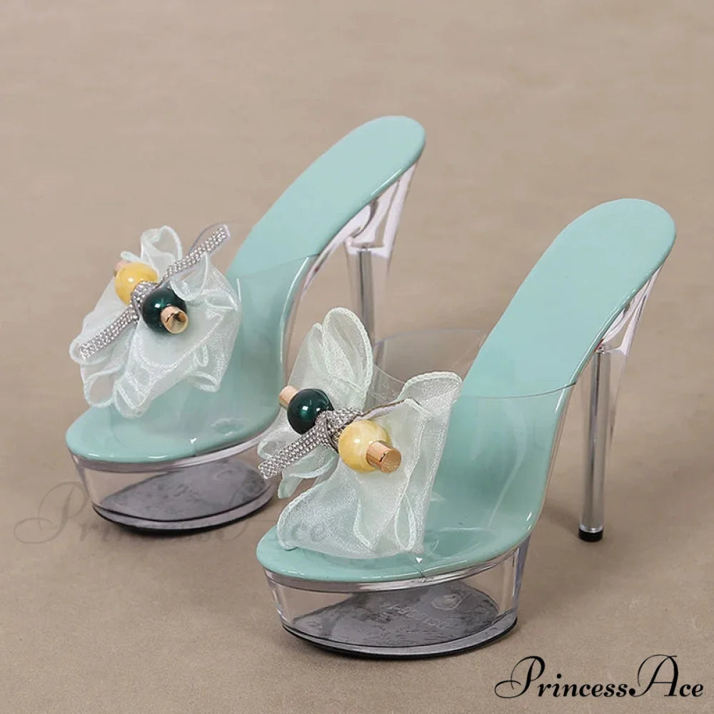 Transparent Mesh Bowknot Super-High Sexy Platform Stripper Party Stylish Chic High Heel Blue / 35