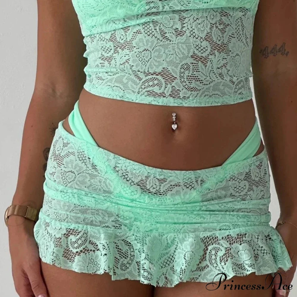 Transparent Mesh Frill Mini Skirt Green / S skirts-250223