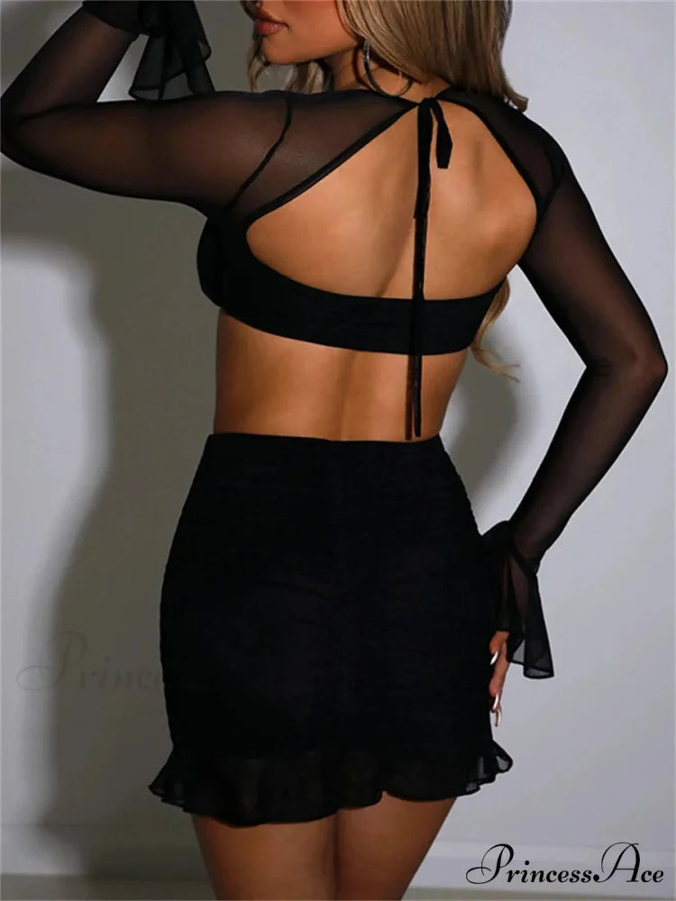 Transparent Mesh Frill Two-piece Crop Top Mini Skirt Set croptop-250126