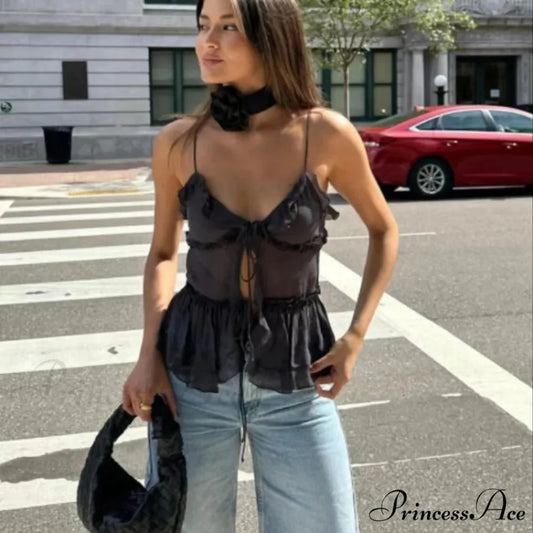 Transparent Net Frilled Midriff Top Black / S croptop-250223
