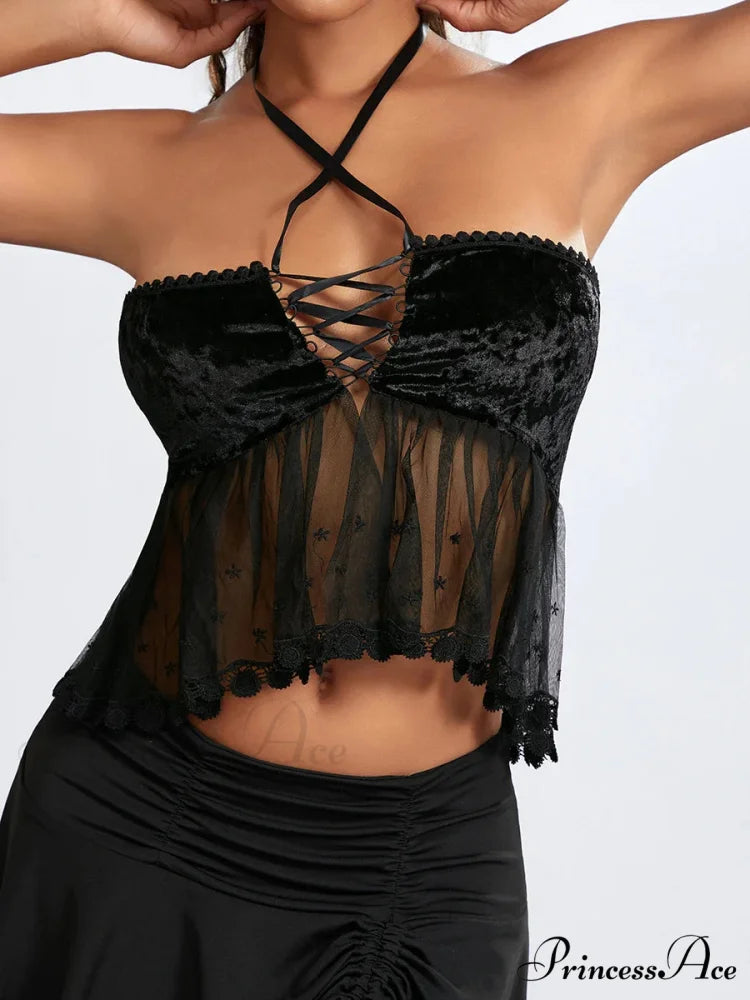 Transparent Net Halter Bind-up Strapless Open-back Bandeau croptop-250126