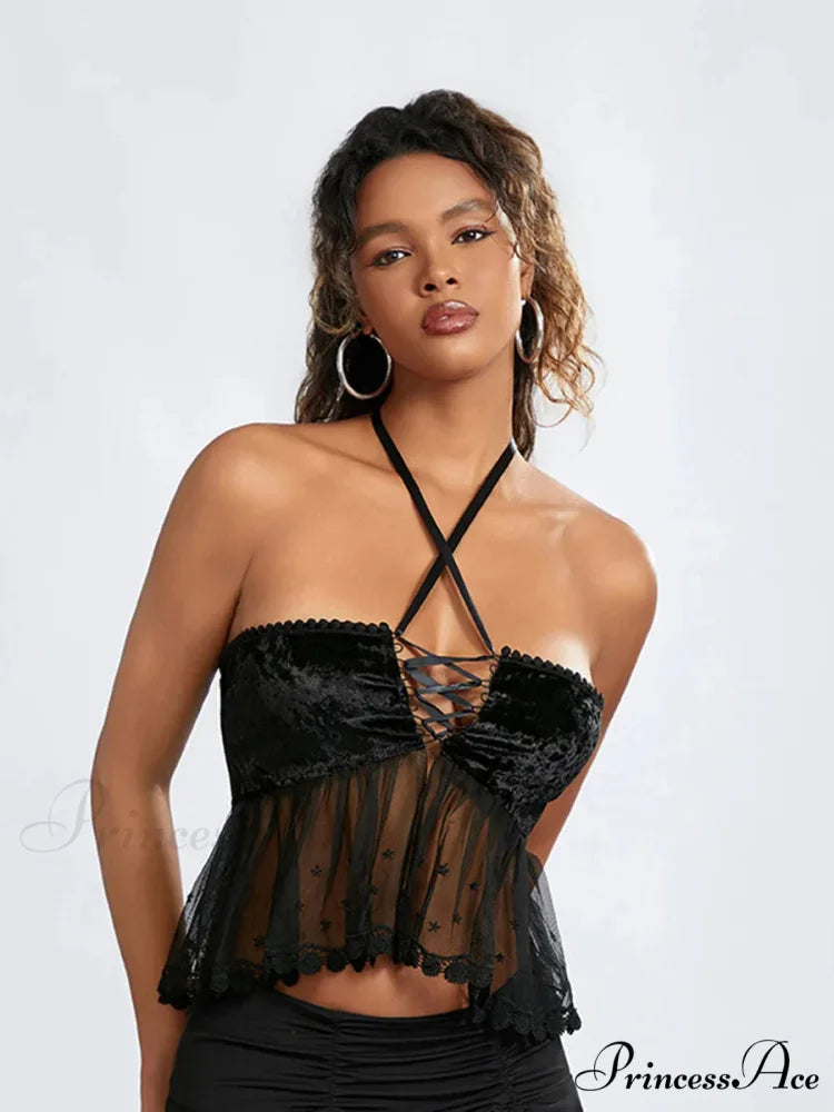 Transparent Net Halter Bind-up Strapless Open-back Bandeau croptop-250126