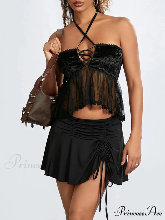 Transparent Net Halter Bind-up Strapless Open-back Bandeau croptop-250126