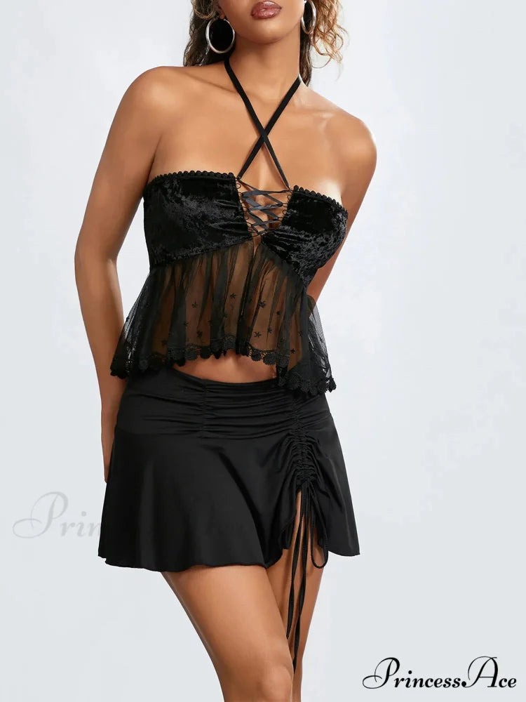 Transparent Net Halter Bind-up Strapless Open-back Bandeau croptop-250126