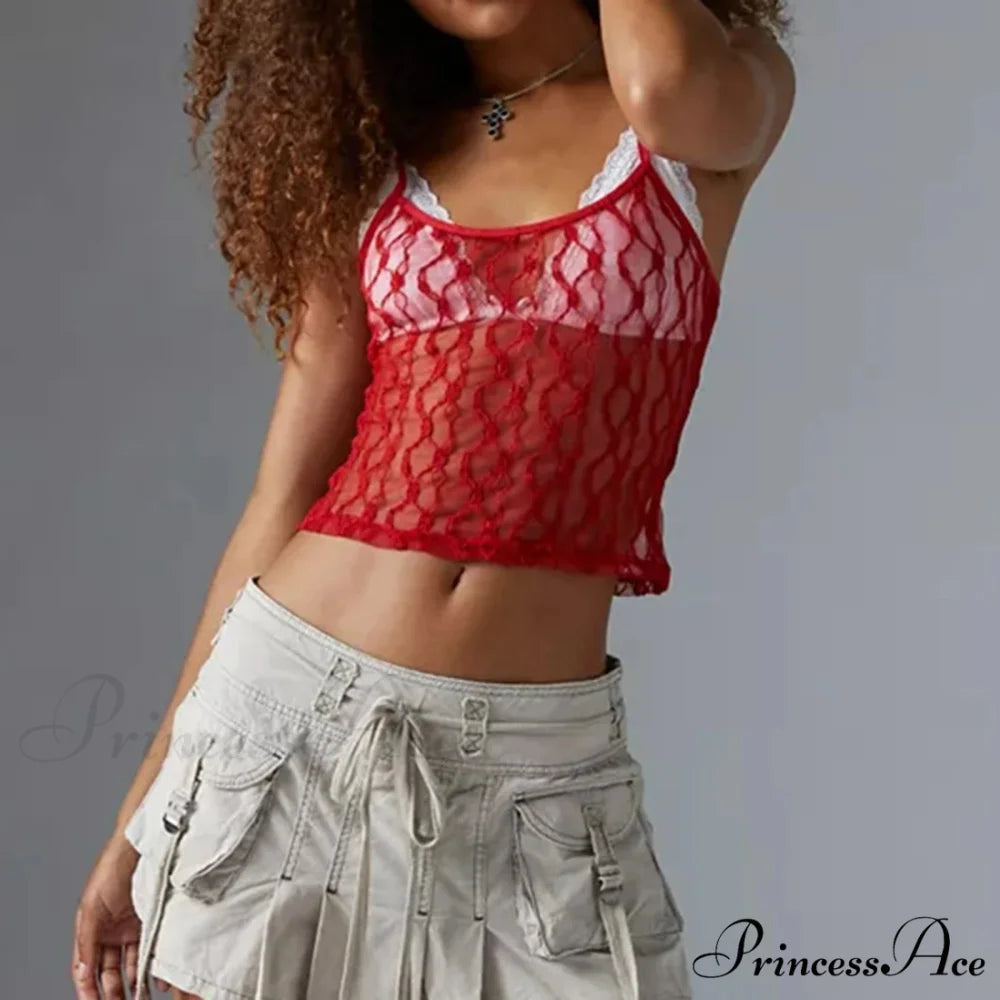 Transparent Net Square Neck Crop Top Red / S croptop-250223