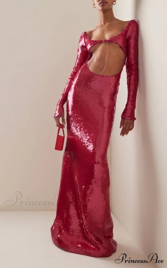 Transparent Panel Embellished Slit Formal Gown red / XS promdress-250223