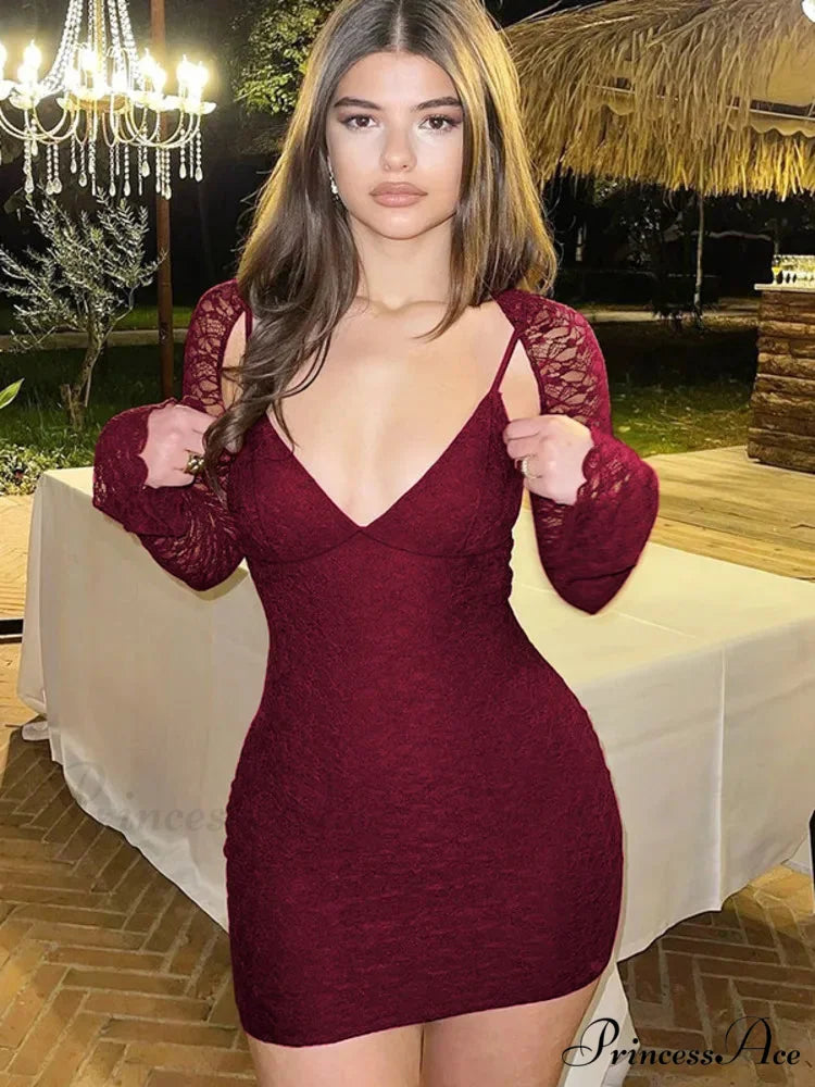 Transparent Plunging Neckline Patchwork Short Dress Burgundy / S minidress-250223