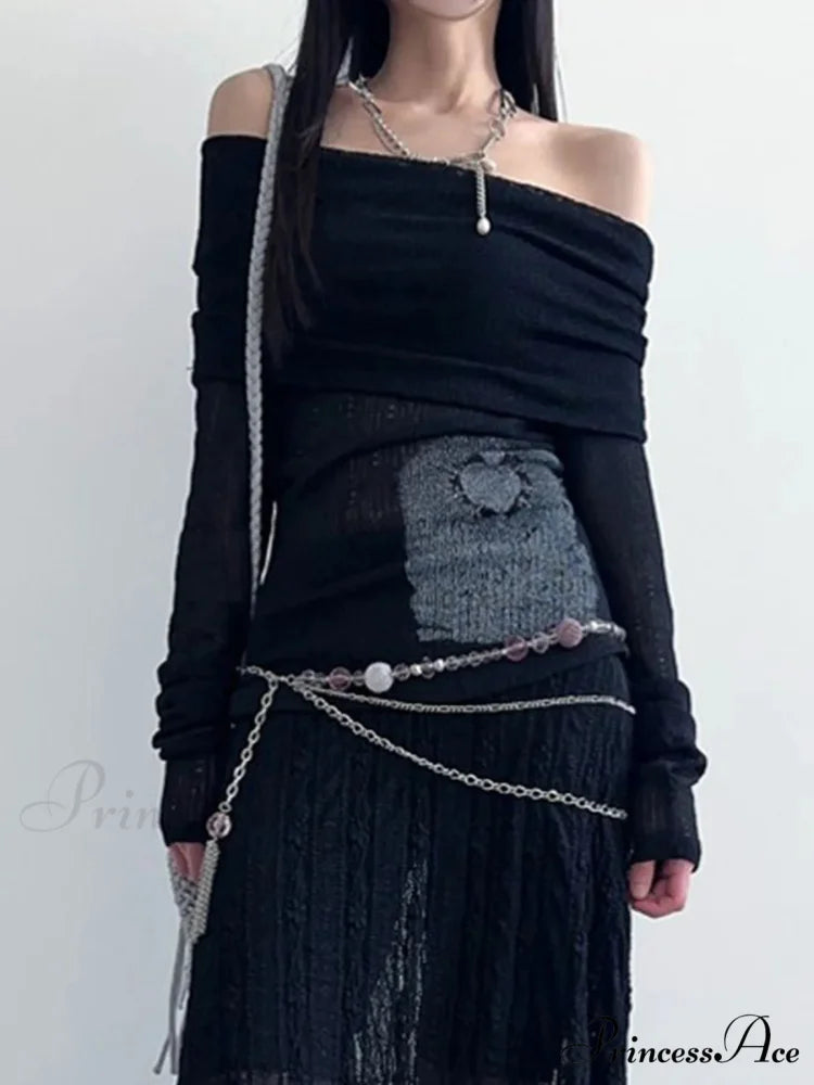 Transparent Printed Slash Neck Extended Sleeve Knit Top Black / S knittop-250126