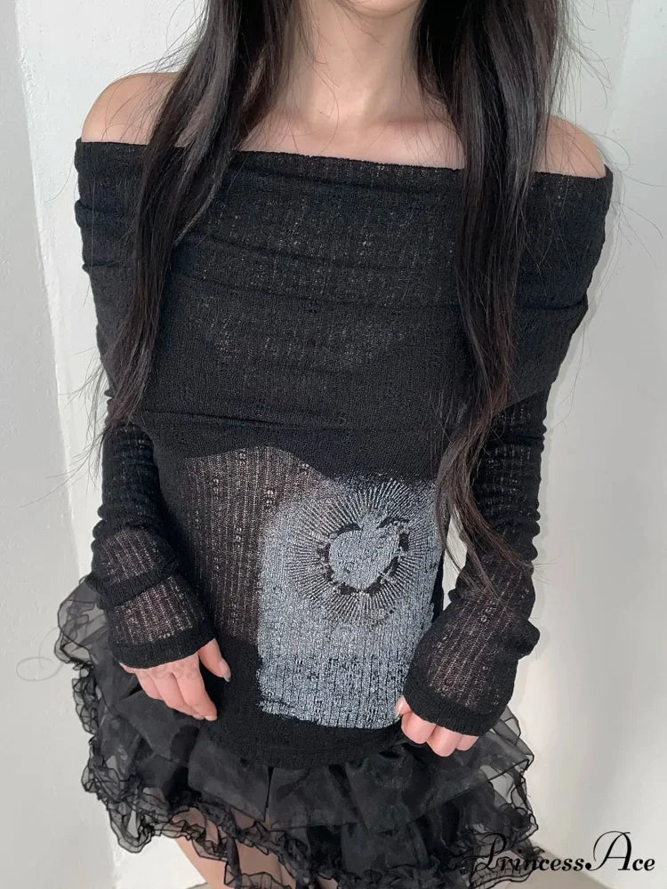 Transparent Printed Slash Neck Extended Sleeve Knit Top knittop-250126