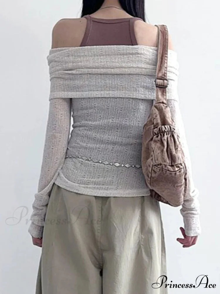 Transparent Printed Slash Neck Extended Sleeve Knit Top knittop-250126