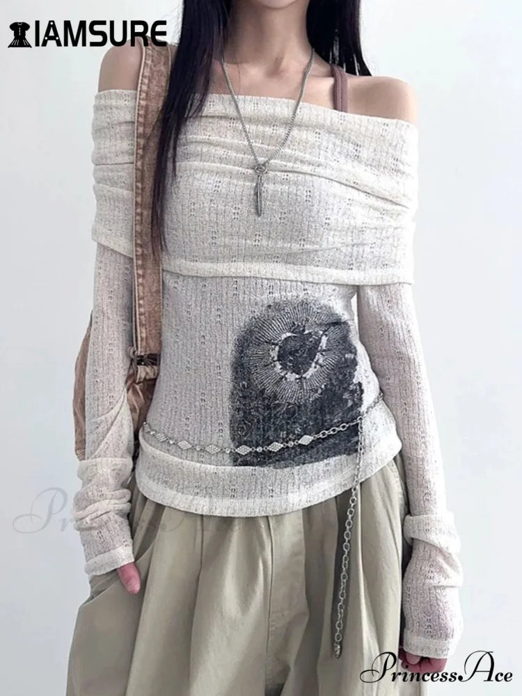 Transparent Printed Slash Neck Extended Sleeve Knit Top WHITE / S knittop-250126