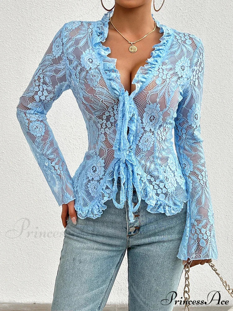 Transparent Sheer Seductive Long Sleeve Blouse Light Blue / XS blouse-250126