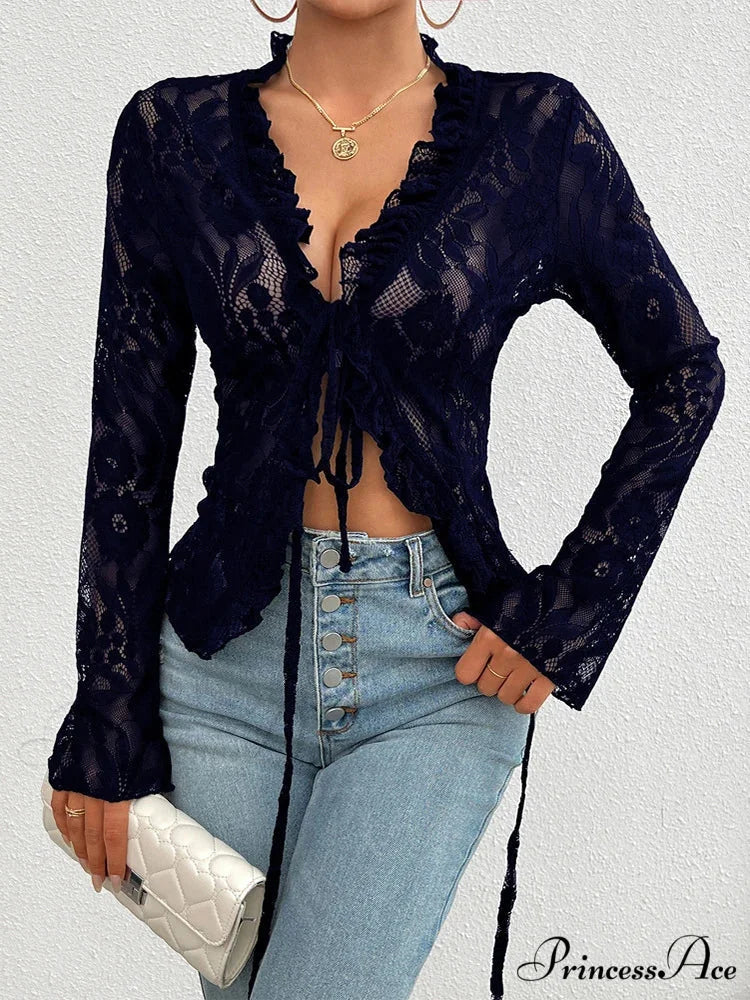 Transparent Sheer Seductive Long Sleeve Blouse Navy Blue / XS blouse-250126