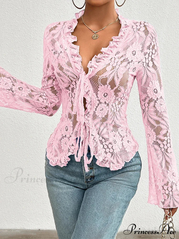Transparent Sheer Seductive Long Sleeve Blouse Pink / XS blouse-250126
