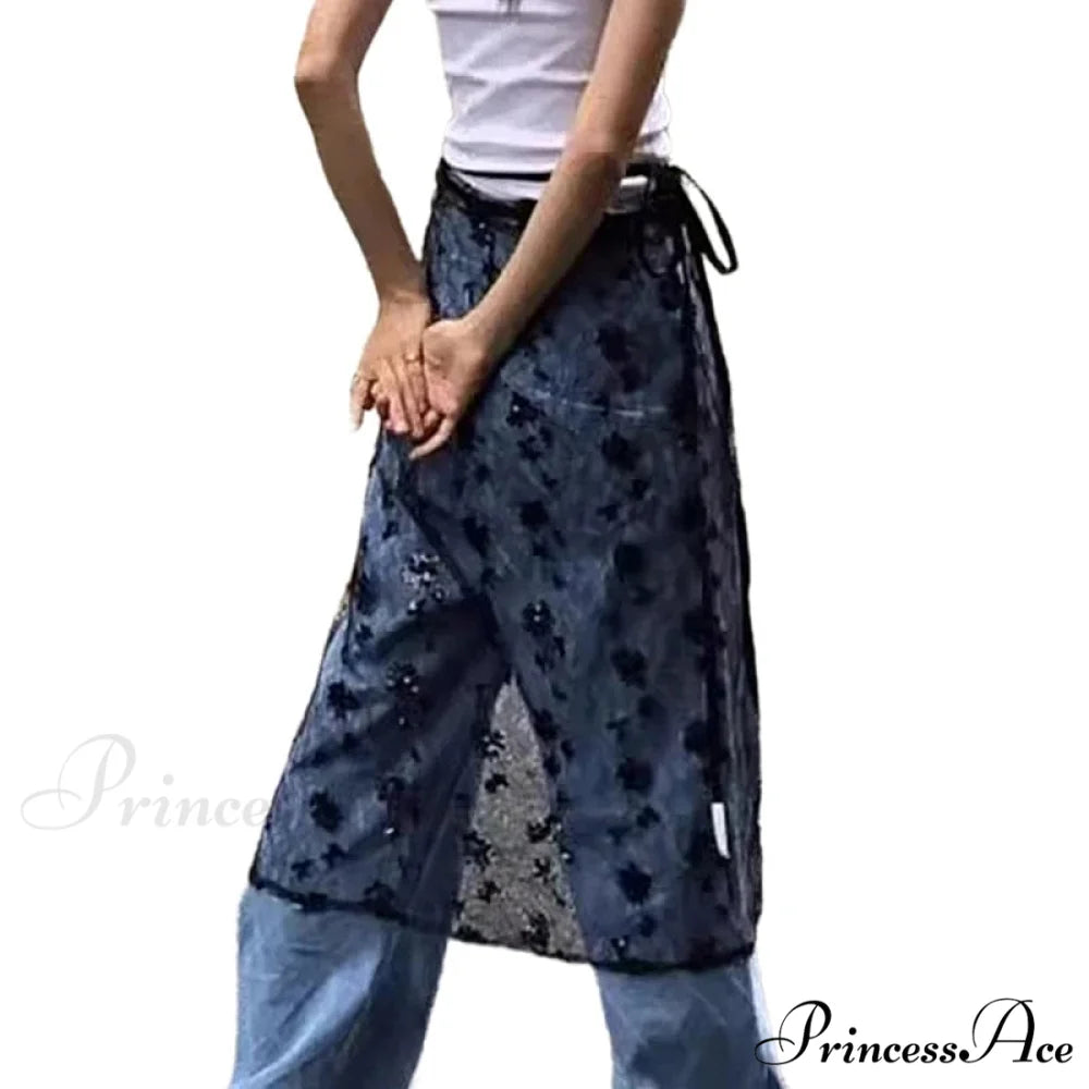 Transparent Sparkling Flower Lace Long Apron Skirt BLACK2 / One Size skirt-250126