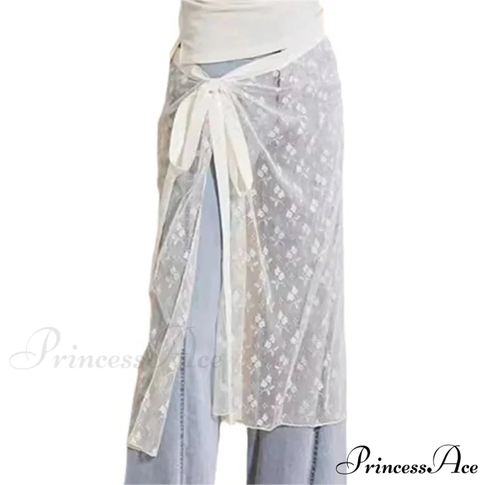 Transparent Sparkling Flower Lace Long Apron Skirt WHITE1 / One Size skirt-250126