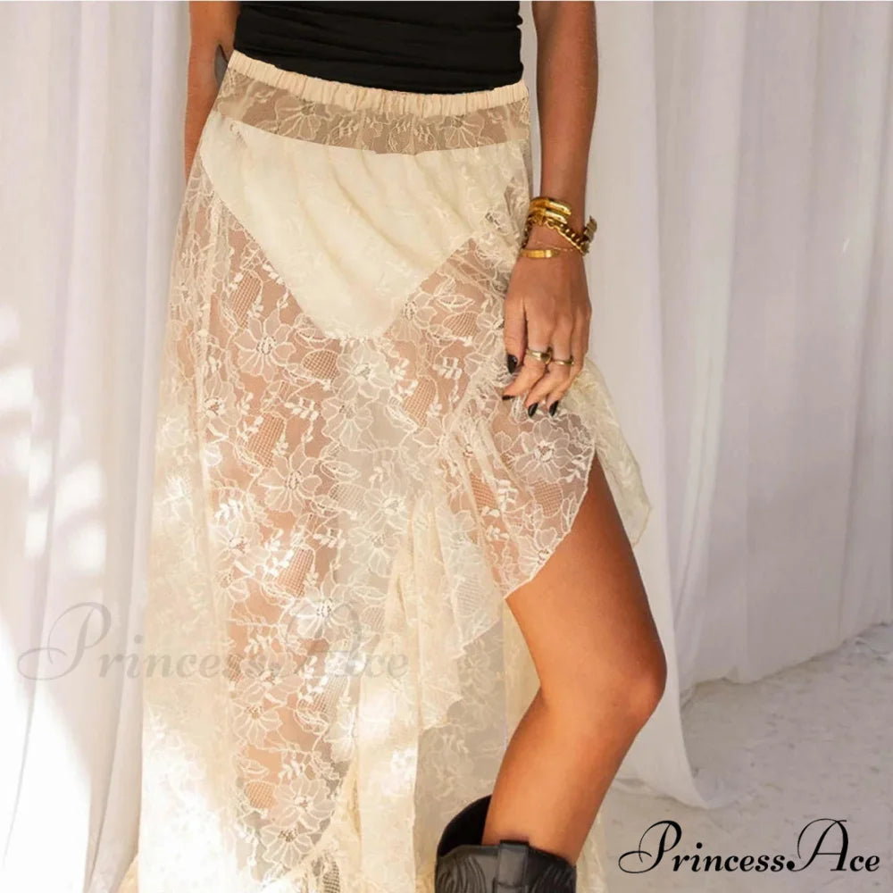 Transparent Stretchy High Waist Frilly Uneven Lace Skirt skirt-250126