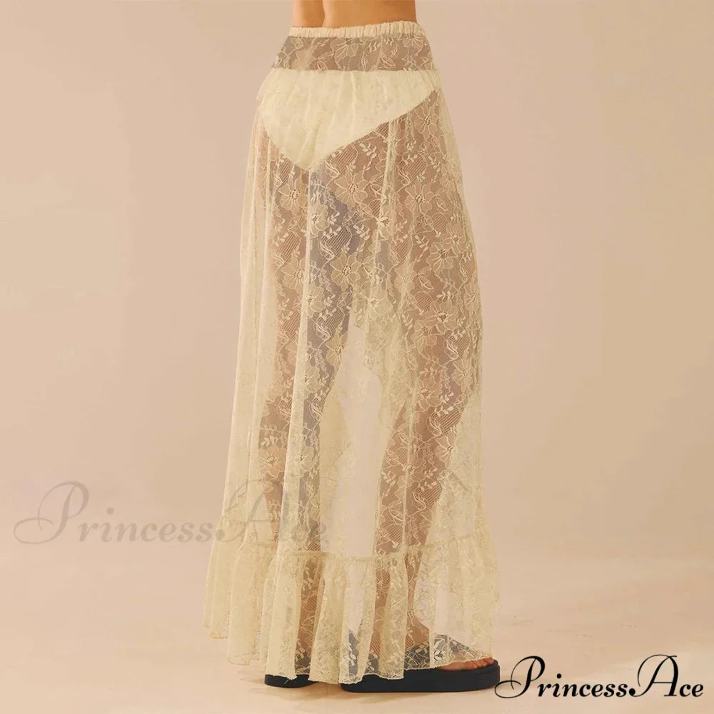 Transparent Stretchy High Waist Frilly Uneven Lace Skirt skirt-250126