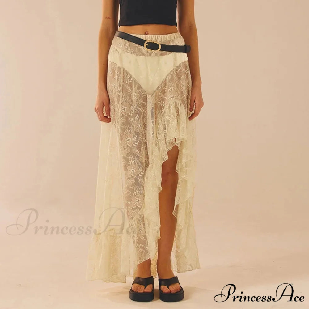 Transparent Stretchy High Waist Frilly Uneven Lace Skirt Beige / S skirt-250126