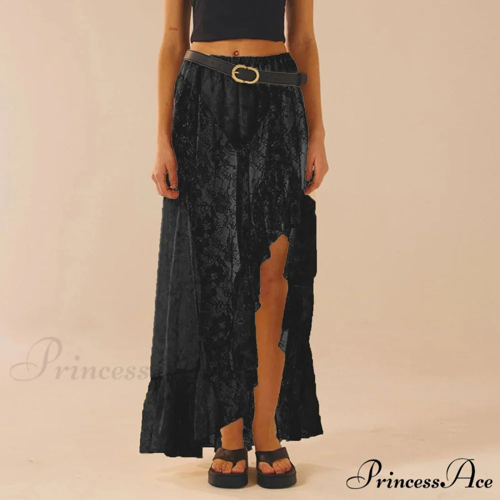 Transparent Stretchy High Waist Frilly Uneven Lace Skirt Black / S skirt-250126