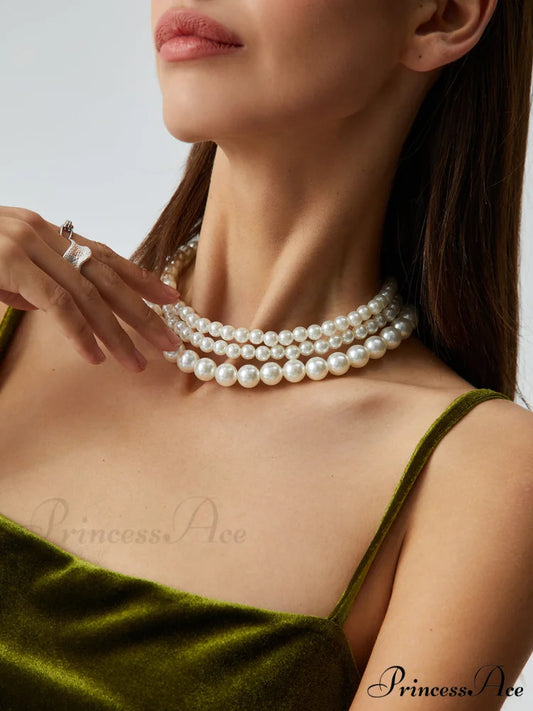 Treble Layers Graceful Pearl Necklace White / One Size
