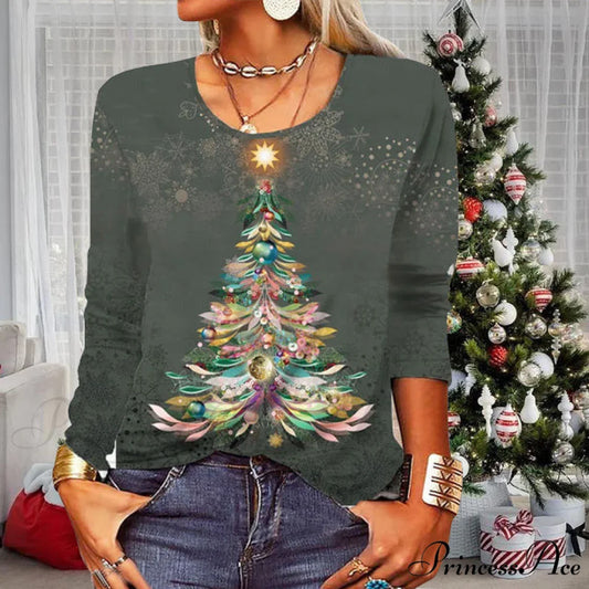 Tree T-Shirt Festive Print Dark Green / S