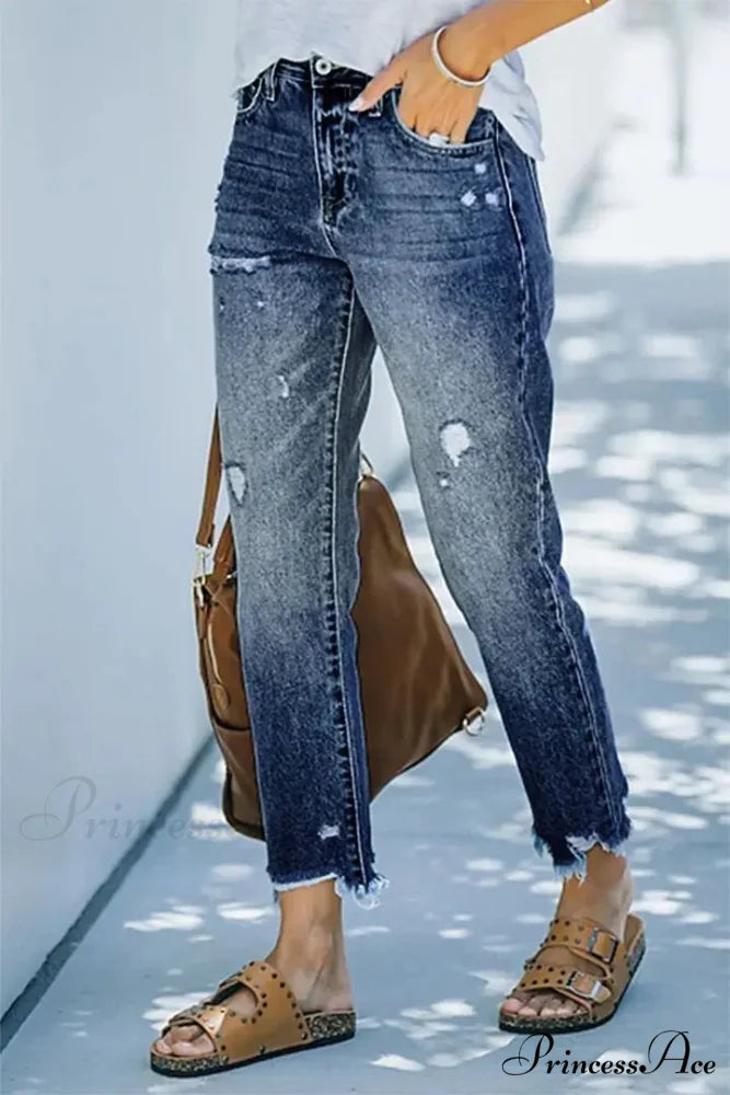 Trendy Casual Blue High Waist Streetwear Ripped Fashion Denim Jean Dark Blue / S