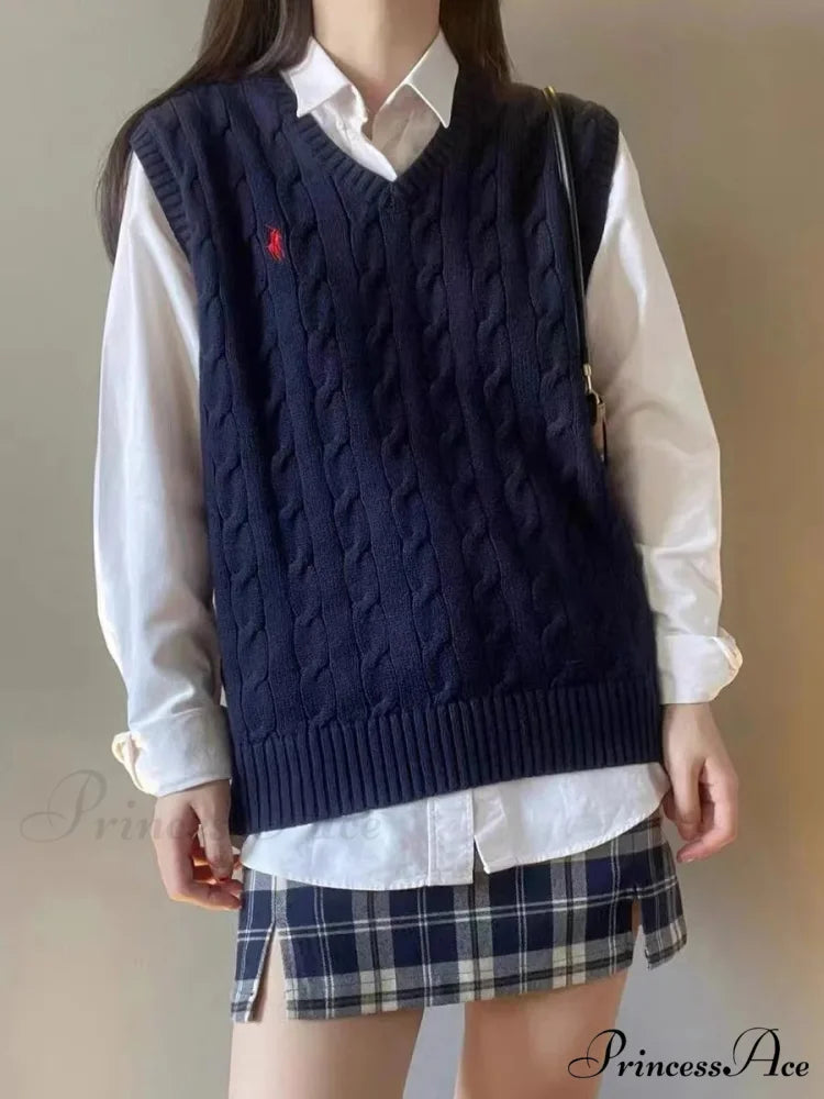 Trendy Embroidered Cozy Cashmere V-neck Loose Oversize Casual Soft Sweater Dark Blue / S