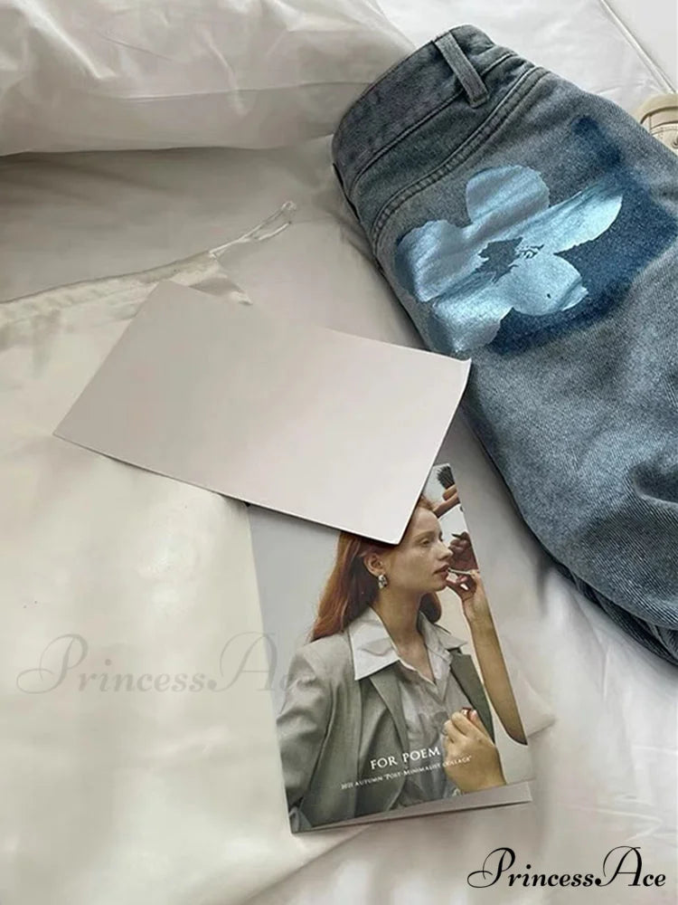 Trendy Flower Print Light Blue Jeans