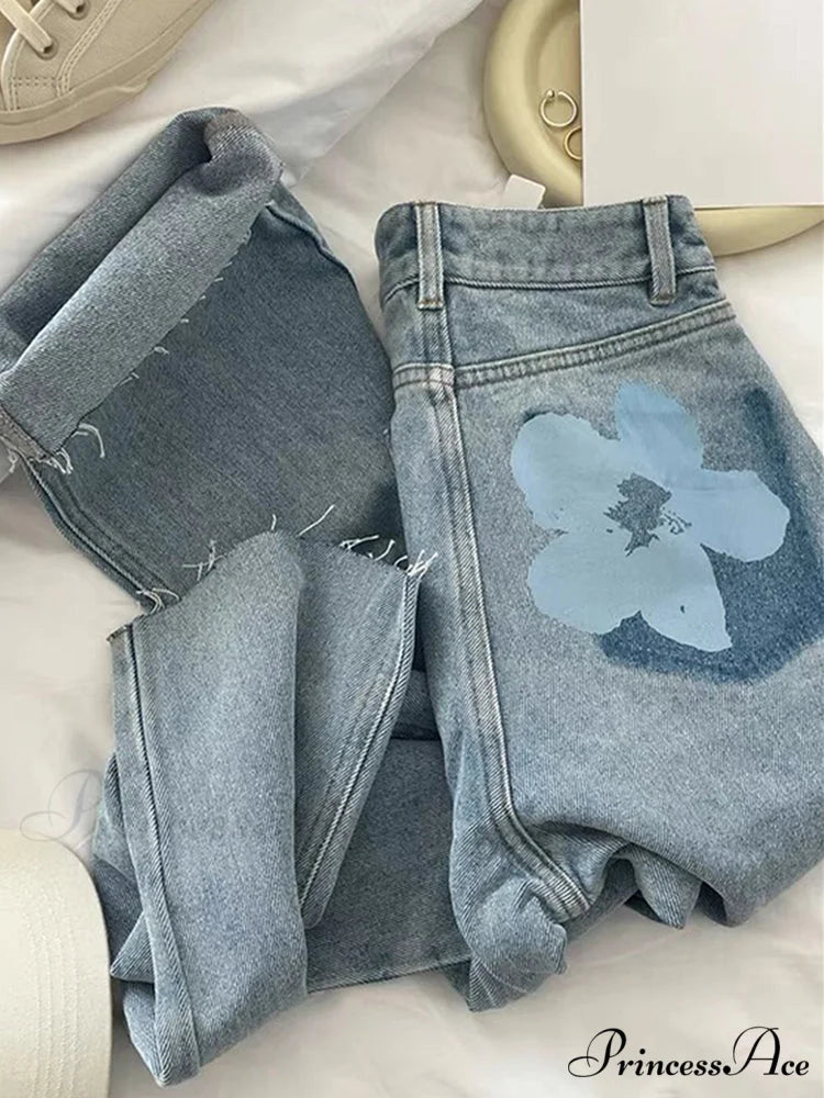 Trendy Flower Print Light Blue Jeans