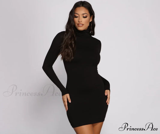 Trendy Girl Stylish Turtleneck Mini Dress BLACK / XS
