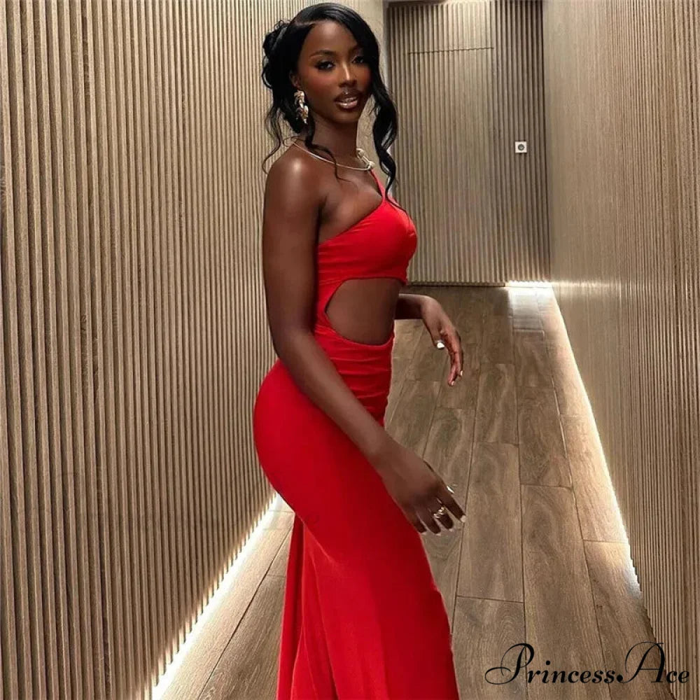 Trendy Incline Shoulder Hollow Maxi Dress for Christmas Party