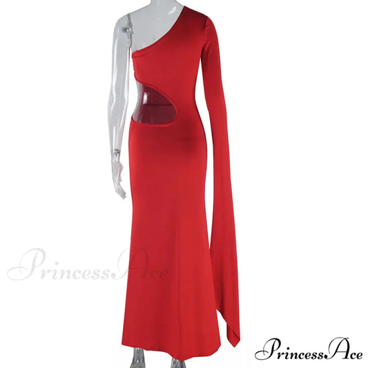 Trendy Incline Shoulder Hollow Maxi Dress for Christmas Party Red / S
