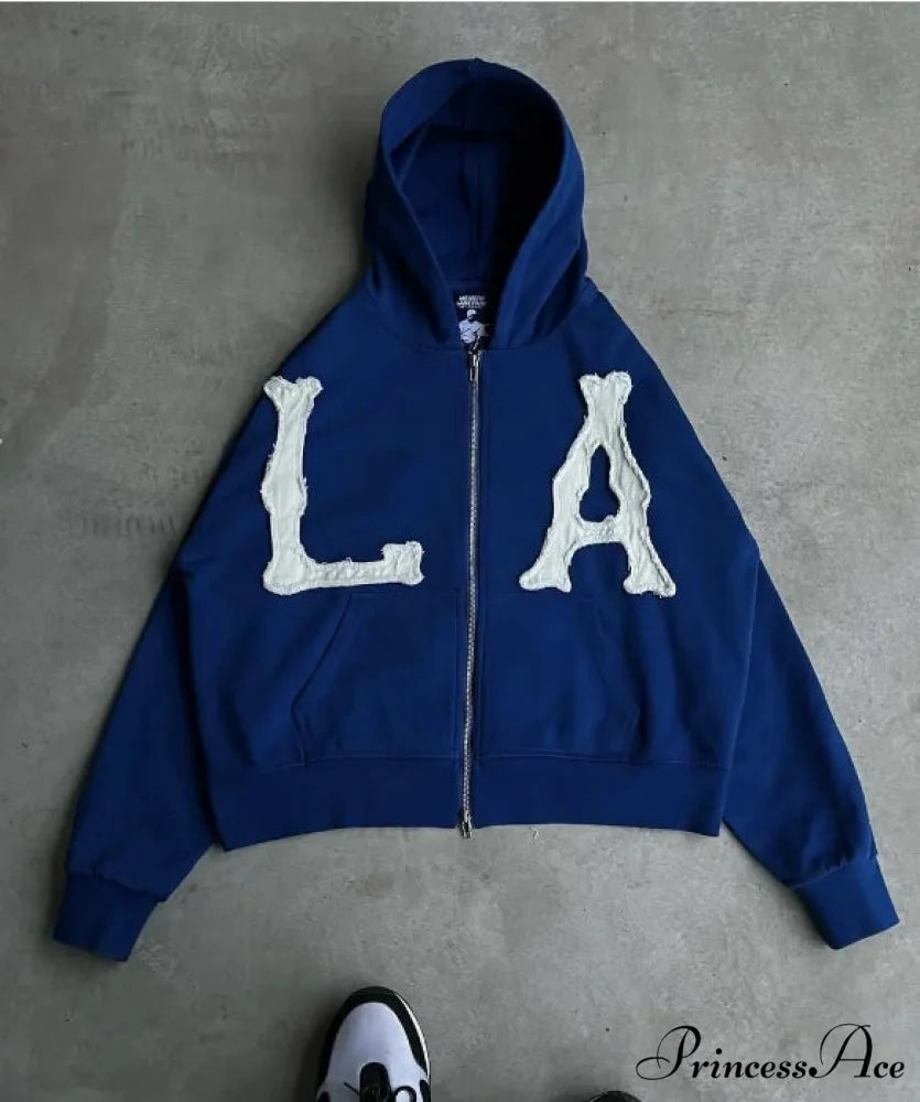 Trendy Retro Embroidered Oversized Comfortable Hoodie BLUE / S