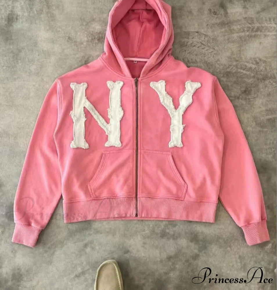 Trendy Retro Embroidered Oversized Comfortable Hoodie PINK / S